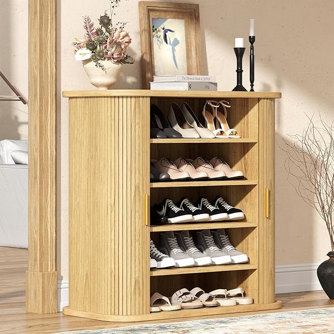 UNIQUITE Shoe Storage Cabinet with Sliding Doors, 5-Tier Wood Shoe Cabinet for Entryway, Adjustable Shelves Freestanding Shoe Organizer with Gold Handle for Hallway, Living Room, Natural
