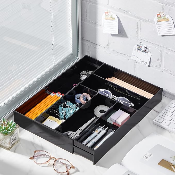 Briwooody Black Acrylic Drawer Organizer Expandable,7 Compartments,Large | 9'' up to 18'' x 12'' x 2.1'' Desk Drawer Organizer Trays Adjustable with Desk Accessories for Makeup Office Bathroom