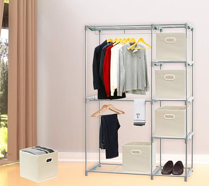 Simple Houseware 11-Inch Foldable Cube Storage Bins with Handles, Beige | 6-Pack Lightweight & Durable Structure Fabric Cubes Organizer for Closet or Shelves