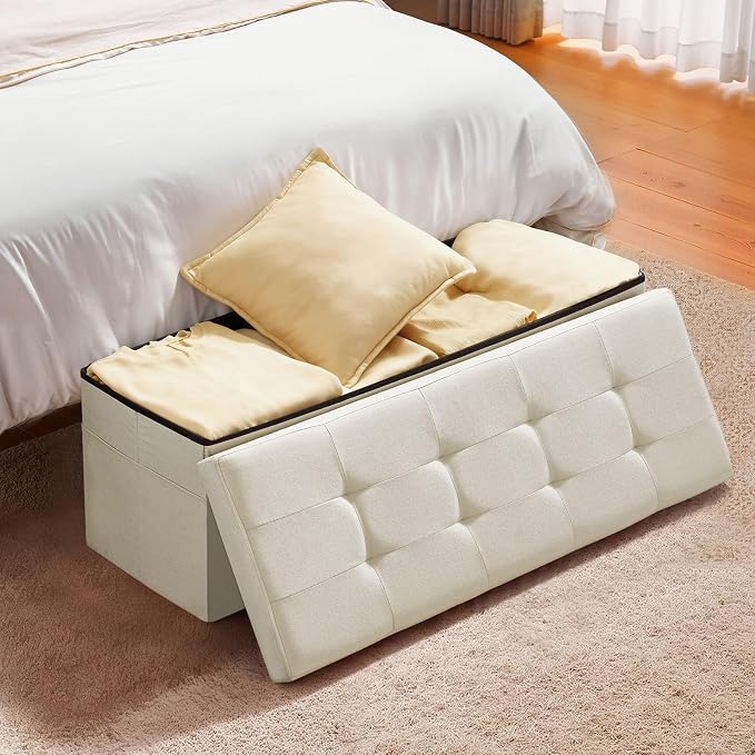 VEVOR Foldable Storage Ottoman Bench, End of Bed Bench with Side Bags, Folding Upholstered Storage Chest Supports 660 lbs, Linen Bed Ottoman with Large Space for Living Room, Bedroom, Entryway, Beige