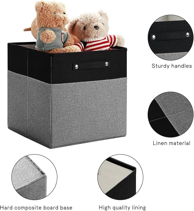 FinishingBo 13x13x13 Storage Cube Bins 6 Pack, Cube Shelf Baskets | Foldable Storage Cubes, Linen Storage Bins with Handles, Closet Organizers, Black/Gray