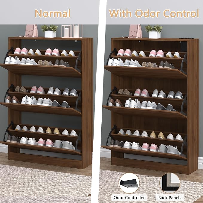 BORNOON Shoe Cabinet with Odor Control and Back Panels, Deodorizing Slim 3-Flip Shoe Storage Cabinet for Entryway, Freestanding Hidden Shoe Rack Organizer for Entrance, Hallway, Bedroom