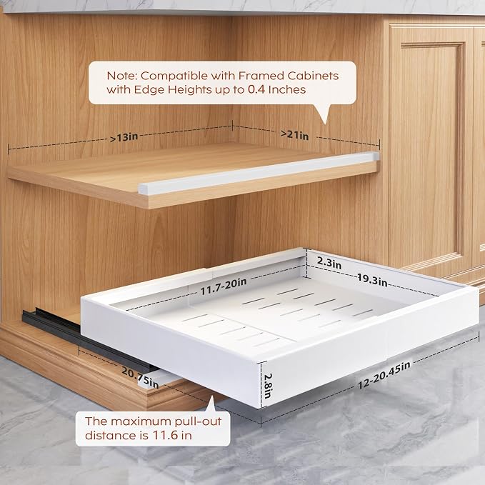 Seinloes 2 Pack Pull Out Cabinet Organizers 21"Deep with Raising Pad for Framed Cabinets,Expandable Slide Out Drawers Upgrade 3 Slide Rails,Roll Out Shelves Adhesive,Adjustable Width 12"-20.45" White