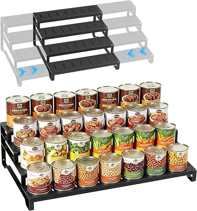 Expandable Can Organizer for Pantry, 4-Tier Adjustable Metal Can Rack | Tiered Countertop Shelf, Adjustable height Pantry Organizer for Kitchen Cabinet, Countertop & Canned Goods Storage