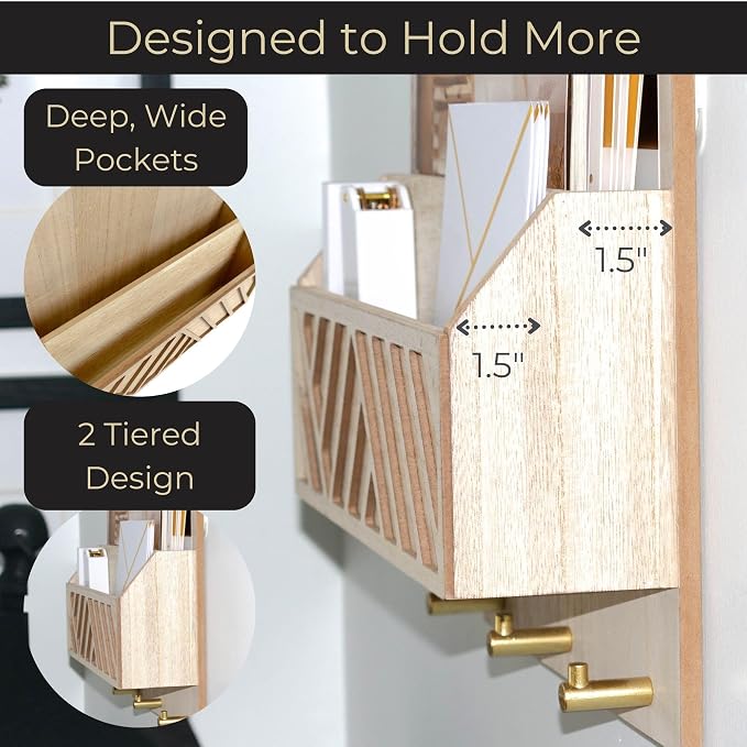 BLU MONACO Wall-Mounted Mail and Key Holder – Natural Wood 2-Tier Letter Organizer with 3 Hooks | Entryway Command Center for Mail, Keys, and Documents