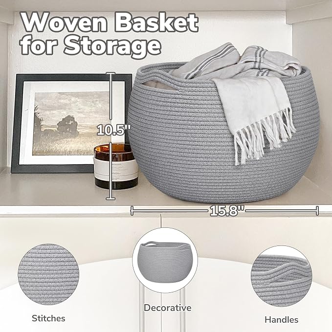Goodpick Large Woven Storage Basket with Handles, 15.7" x 10.5", Grey | Round Toy Storage for Kids, Cotton Rope Basket for Nursery Living Room, Holds Blankets, Toys & Baby Shower