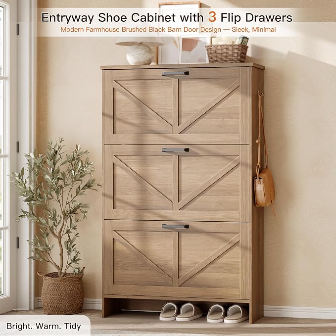Shoe Cabinet for Entryway, 3 Flip Drawers Shoe Storage Cabinet with 3-Tier Adjustable Shelves, Ultra Slim Freestanding Hidden Shoe Organizer with Barn Door Design, Caramel Brown