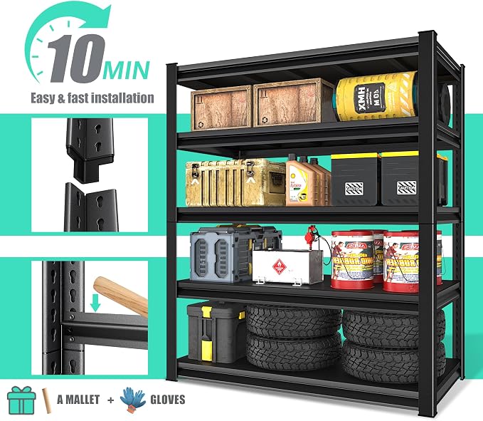 48" W Garage Shelving Heavy Duty, 3000LBS Loads Adjustable Garage Storage Shelves,5-Tier Metal Storage Racks and Shelving Units, Utility Rack Shelves,48" W x 24" D x 78" H,Black