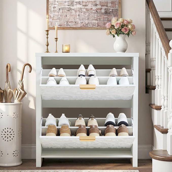 weselon Flip Drawer Shoe Cabinet Set of 2, Narrow Shoe Storage Cabinet, 2-Tier Hidden Shoe Organizer with Carved Floral for Entryway, Slim Shoes Storage for Hallway Foyer (2, White)