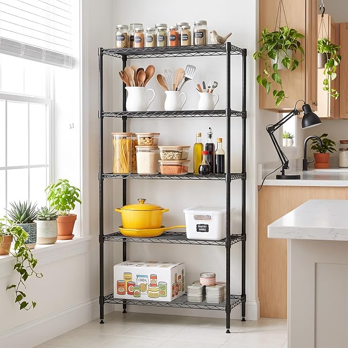 BestOffice | 5-Tier Wire Shelf with Wheels | 14" x 30" x 60" | Black | Storage Shelves with Adjustable Racks, Holds upto 220 lbs | Rust-Resistant, No-Tool Assembly | For Home, Garage