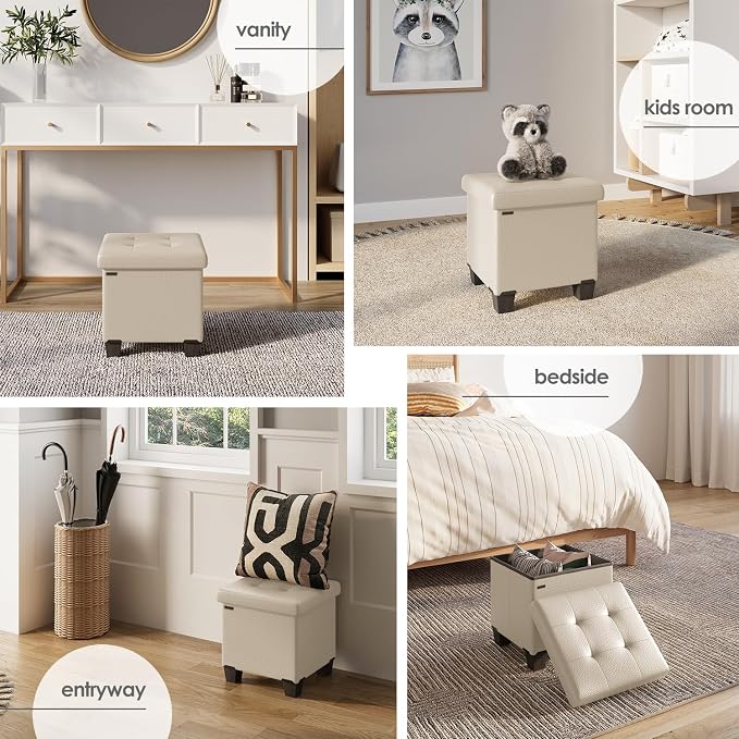 Storage Ottoman Cube with Small Bin, 15-in Square Ottoman with Storage for Living Room and Bedroom, Small Ottomans Foot Rest, Leather Foot Stools Ottomans Max 330lbs, Beige
