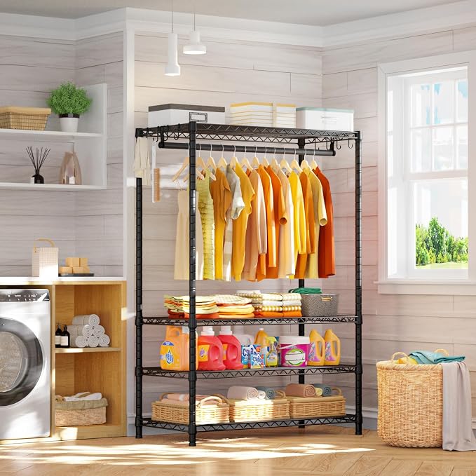 Ulif H4 Plus Portable Closets, 4-Tier Clothes Garment Rack for Bedroom | Heavy-Duty Metal Clothing Storage and Organizer Wardrobe System for Cloakroom, 45"W x 14"D x 76.4"H, Load 522lbs, Black