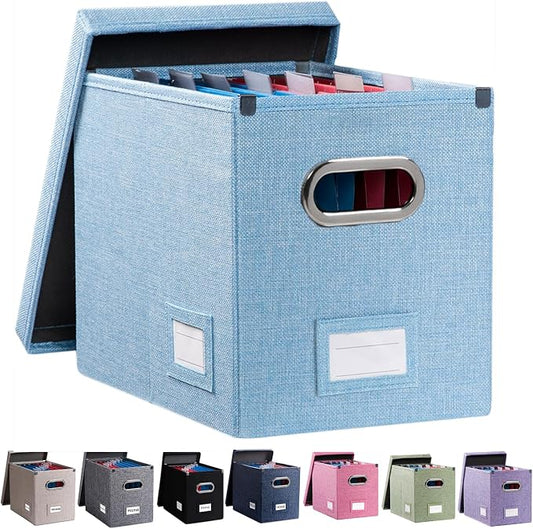 File Organizer Box - Set of 1 Collapsible Decorative Linen Filing Storage Hanging File Folders with Lids Office Cabinet Letter Size Blue (14x9.3x10.8 inch)