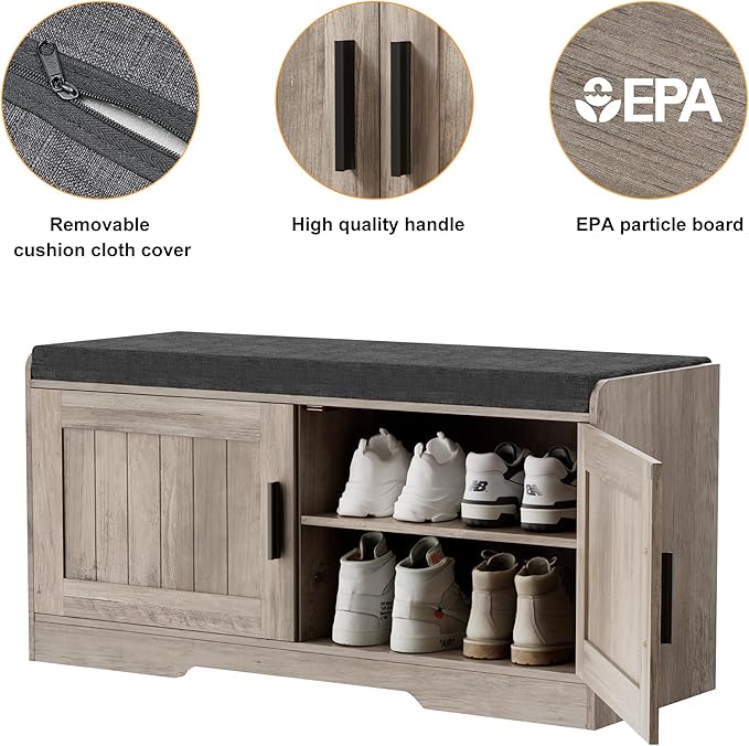 Homleke Shoe Storage Bench, 2 Doors & Thickened Padded Seat Cushion | 2-Tier Shoe Bench, Entryway Bench, Adjustable Shelf, 13.8" D x 37.4" W x 18.5" H, for Living Room, Bedroom, Greige