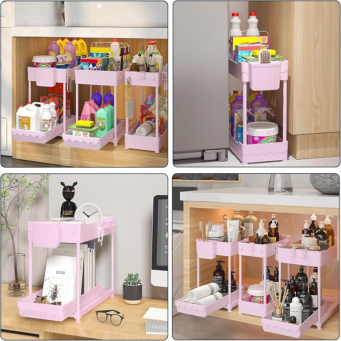 Sevenblue 3-Pack 2-Tier Under Sink Organizers with Sliding Drawers | Multi-use kitchen & bathroom storage, 12.8 inch pink cabinet organizer, space-saving sliding drawer design.