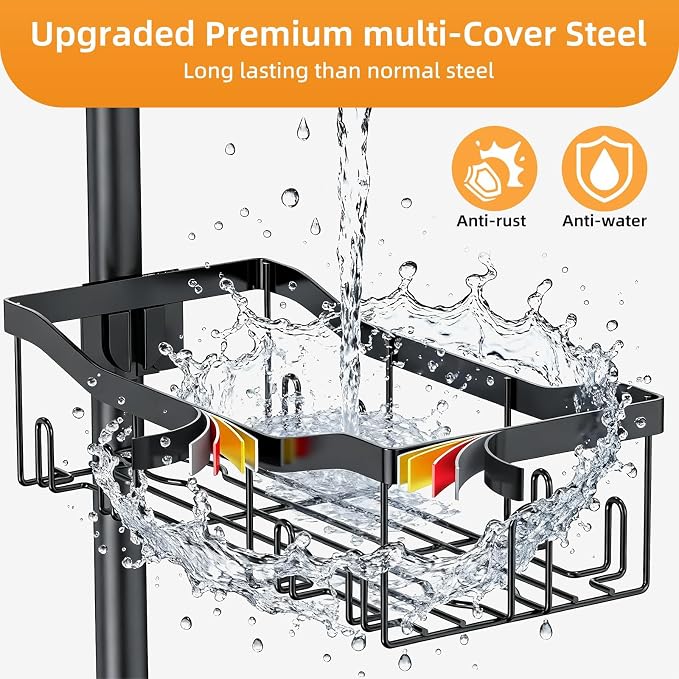 Shower Caddy Corner, 6 Tier Tension Pole Rod Bathroom Organizer Shelves, Adjustable Bathtub Shampoo Stand Rack with Towel Rack 2 Holders for Inside Shower Storage, 47-122 Inch, Black