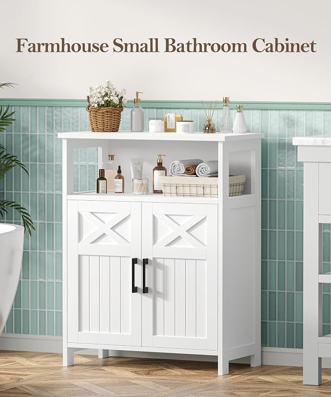 Akxomel Farmhouse Bathroom Storage Cabinet, 11.8" D x 23.6" W Bathroom Floor Cabinet, Small Toilet Paper Cabinet with 2 Doors, Linen Cabinet with Adjustable Shelf for Kitchen, Living Room, White