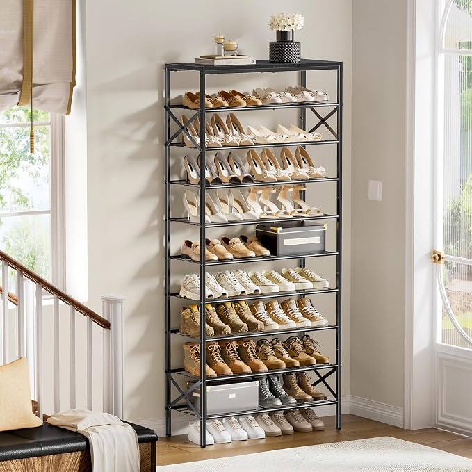 10 Tier Metal Shoe Rack with Wood Top, 30-40 Pairs Black | 65.4in tall for max capacity. 3 iron sheets secure heels. Removable shelf for boots. Top displays decor.