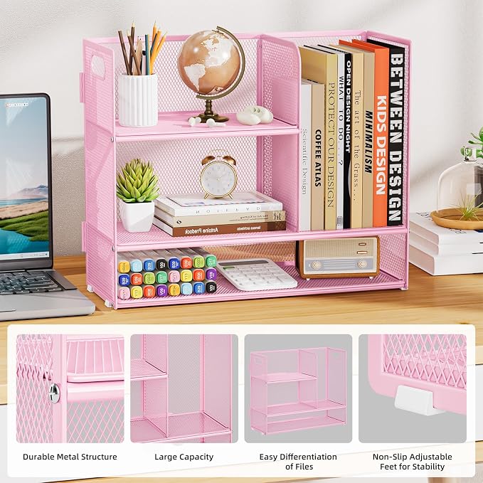 Marbrasse Desk Shelf Organizer with Handle, Bookshelf File Holder, Pink | 3-Tier Desktop Mesh Display Shelf Organizer Storage Rack for Office, Home, Supplies, Kitchen