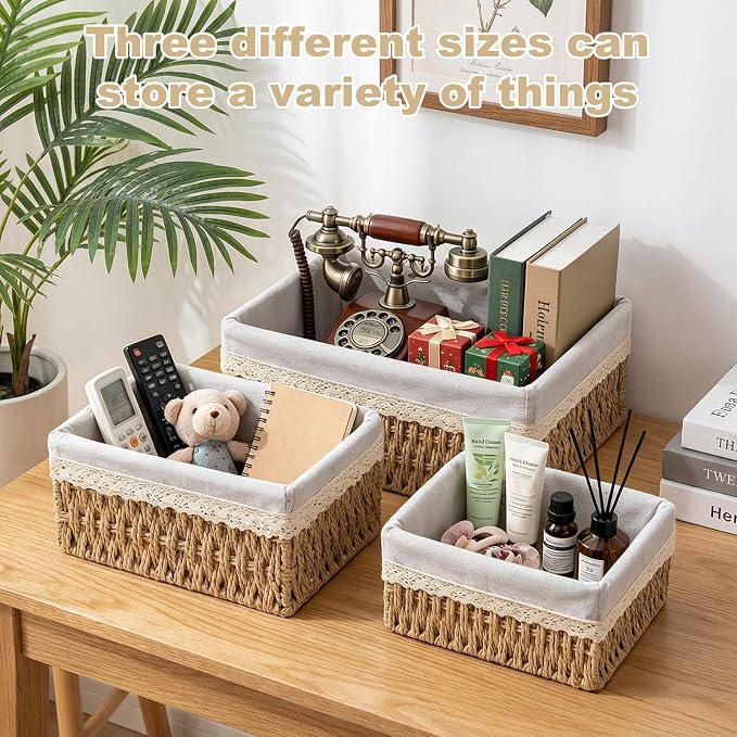 Wicker Storage Baskets, Handwoven Paper Rope Organizer Bins with Removable Floral Liner, Large for Bathroom, Pantry, Shelf, Countertop, Closet (Camel, L)