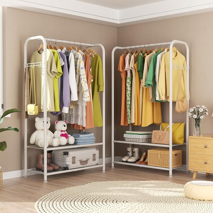 SINGAYE Wardrobe Standing Closet Clothing Rack With Shelf Hanging Clothes | Wardrobe Open Compact Small Metal Garment Hanger Stand Alone Free Standing Black Closet Rack Storage Organizer Heavy Duty