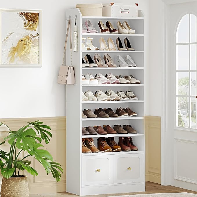 Hzuaneri Shoe Storage Cabinet, 10 Tiers Shoe Cabinet with 2 Cloth Drawers, Wooden Freestanding Shoes Organizer with 2 Hooks, 30-35 Pairs, Shoes Cubby Organizer for Entryway, White SR56303MI | Wooden Freestanding Shoes Cabinet with 2 Hooks, 30-35 Pairs,...