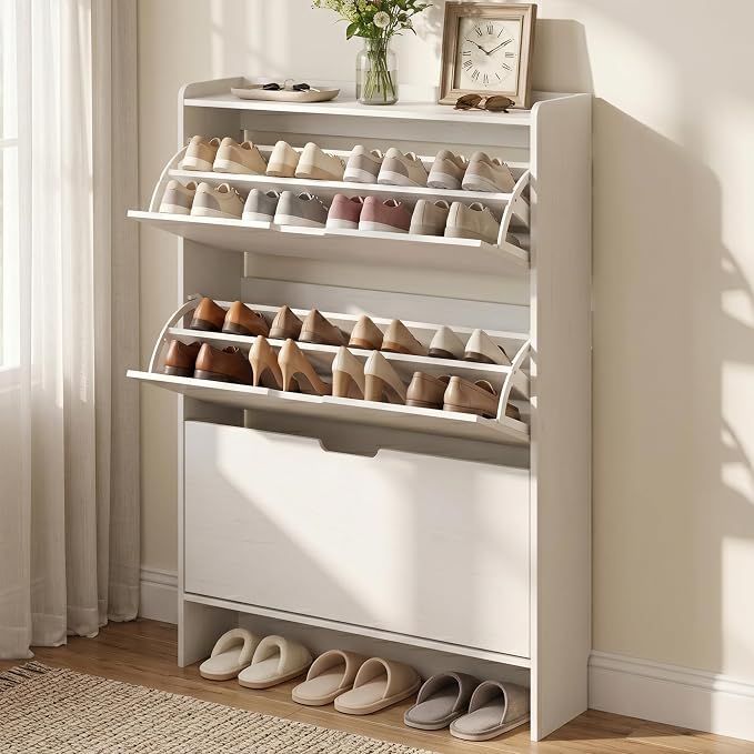 White Slim Shoe Cabinet with 3 Flip Drawers, 52" Tall Narrow Shoe Storage Cabinet for Entryway, Hidden Shoe Organizer Cabinet