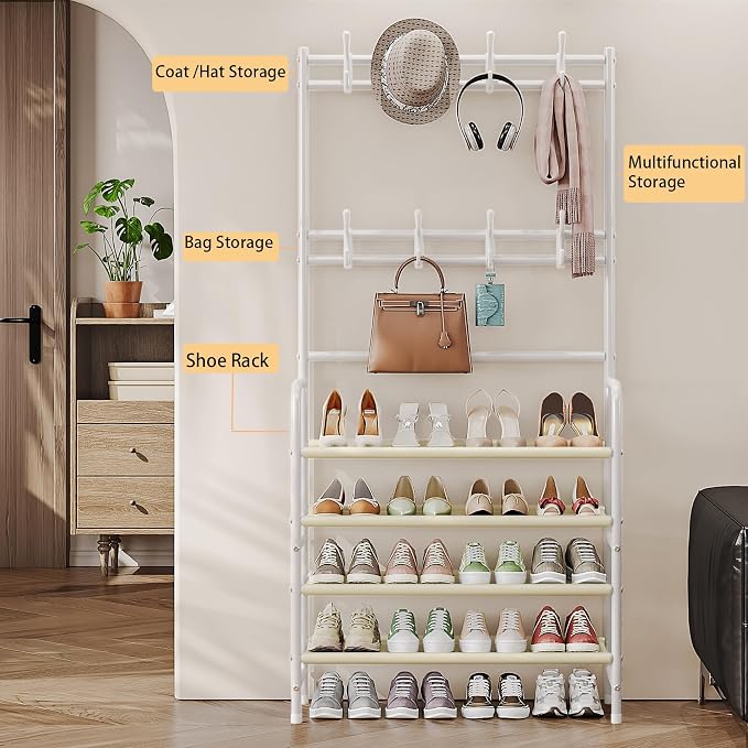 Coat Rack Shoe Rack With Storage Hooks Standing Organizer 4 Tier | Metal Freestanding Hall Tree for Clothes Hats bag Scarves Space Saving Design for Entryway Bedroom living Closet Office,White