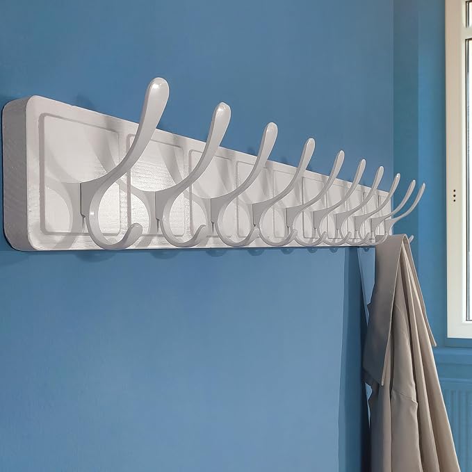 SKOLOO Scandi-Style Wooden Carved-Block Coat Hook, Wall Coat Hanger with 10 Hooks for Hanging Clothing, Hats, Scarves, White