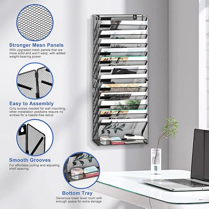 EasyPAG Wall File Holder 14 Tier Mesh Hanging Folder Organizer with Flat Tray Wall Mounted Mail Organizer Magazine Paper Desk Shelf with Nametag Label for Office Home School, Black