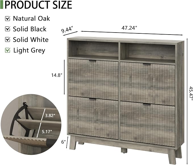 Xixini Shoe Cabinet with 4 Flip Drawers, 46" Tall Narrow Fluted Shoe Storage Organizer for Entryway, Hidden Slim Wooden Shoe Rack Cabinet for Front Door Entrance, Hallway, Living Room, Light Grey