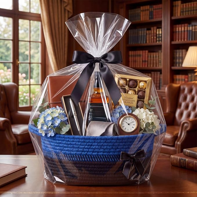 Colingmill 1 Set Woven Empty Basket for Gift,Blue Black | with Cellophane Wrap Set, 14 x 10 x 5.5 Inch, Medium Decorative Gift Basket, Cotton Rope Storage Box, Home Decor