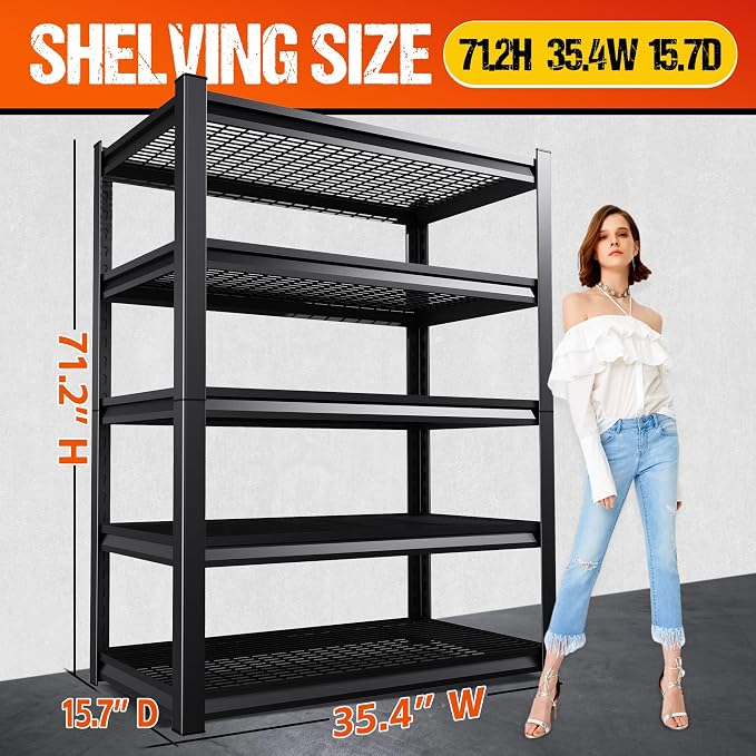 Set of 5 Garage Shelving Heavy Duty Storage Shelves, Adjustable Metal Shelving Unit, Utility Garage Organizer Shelf for Basement, Pantry, Warehouse, Supermarket, 35.4" Wx15.7 Dx71.2 H,Black