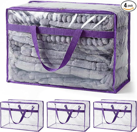 Blanket Storage Bags 4 Pack 60L Clothes Comforter Bedding Container Purple