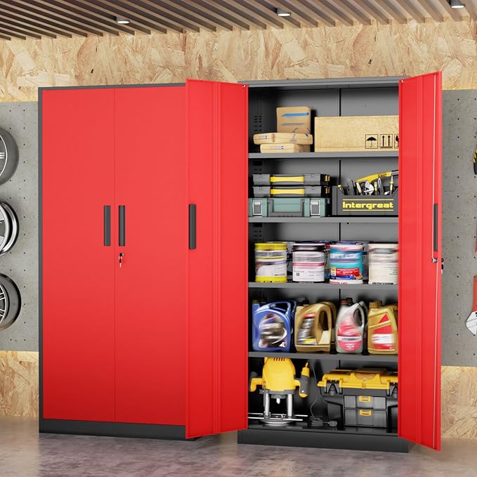 INTERGREAT Metal Storage Cabinet, 72" Locking Steel Cabinets with 2 Door and 4 Adjustable Shelves, Tall Metal Cabinet for Home Office, Garage, Warehouse, Black Red