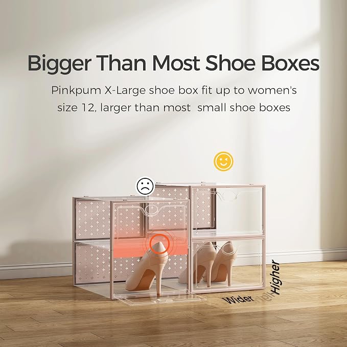 15 Pack X-Large Shoe Storage Boxes, Shoe Organizer Clear Stackable | Fit US Size 11, 6.2” Height, Shoe Dispaly Case Holder Bins Sneaker Storage for Sneakerheads, For Home and Family, Pink