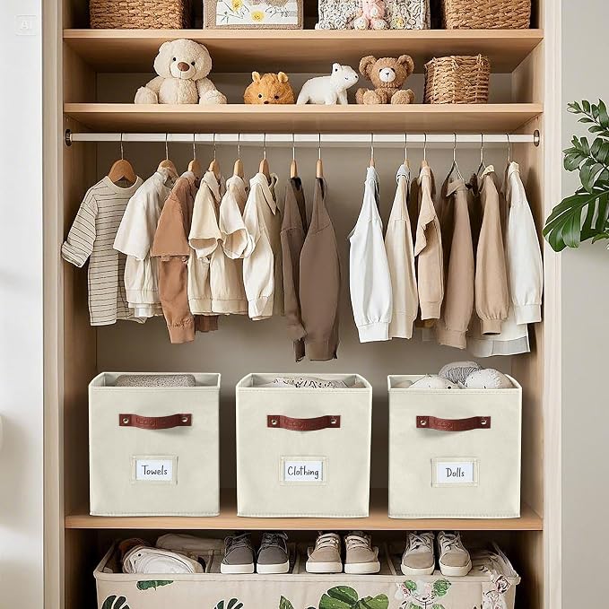 DECOMOMO Storage Bins, Cube Storage Bin with Labels | 13" x 13" x 13" Fabric Storage Cubes for Shelves (6pcs, Beige)