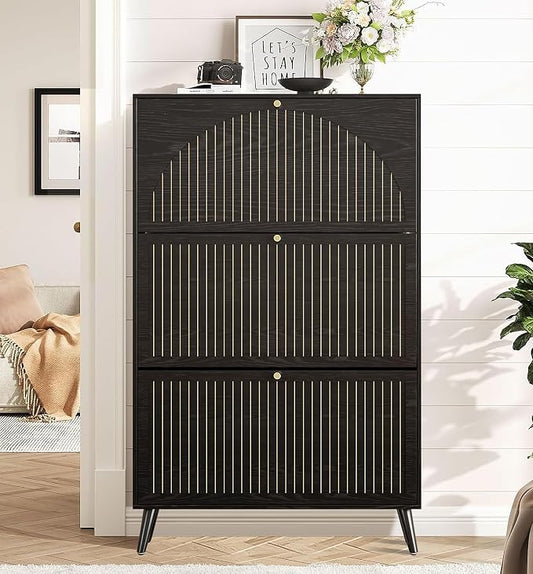 Fsbecl Shoe Storage Cabinet for Entryway with 3 Fluted Flip Drawers, Black | Narrow Design, Freestanding Shoe Rack with Adjustment Shelves, Wooden Hidden Organizer for Hallway Foyer, 18-24 Pairs