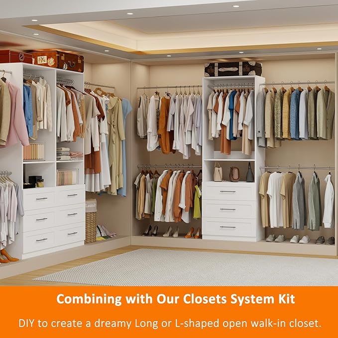 Closet System with 3 Drawers, 5-9FT Modular Organizer | Walk-in Closet Organizer System with 5 Expandable Hanging Rods, 1 Shelves, Wall Mounted Built-in Customized Storage System