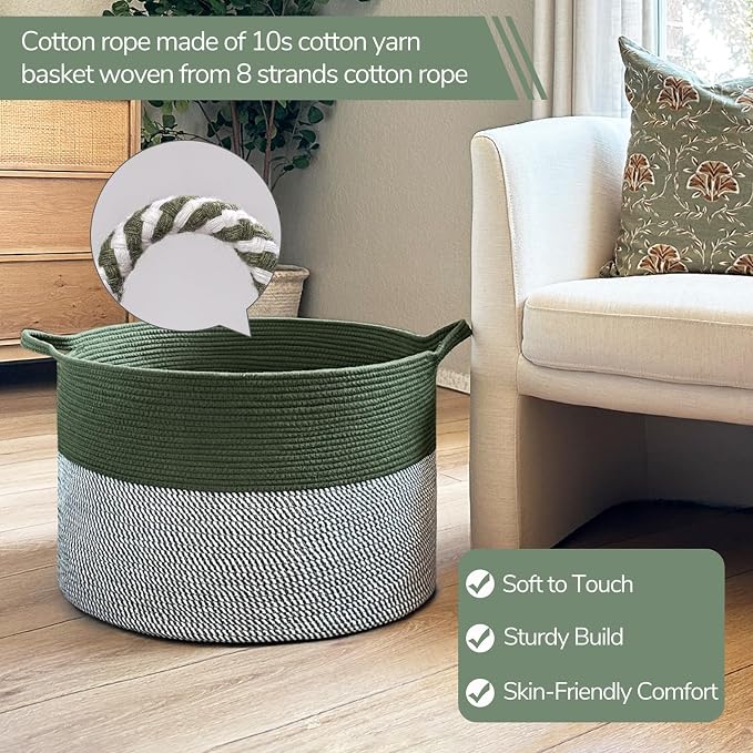 INDRESSME XXXLarge Woven Rope Blanket Basket Living Room Green, 90L | 21.7" x 13.8" Storage baskets for toys laundry & pillows. Fits living room, bedroom or nursery décor. Soft-touch with handles