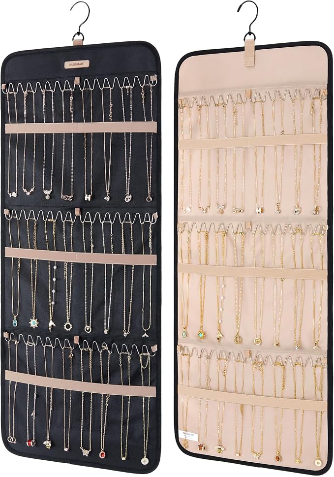 BAGSMART Hanging Necklaces Organizer Jewelry Holder, 1 piece, Large Black | Hanging Necklaces Organizer with Hanger Metal Hooks Double-Sided Jewelry Storage for ,Bracelets on Closet,Wall,Door