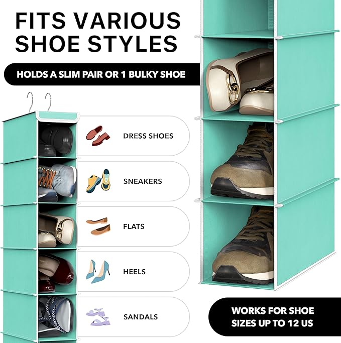 Simple Houseware 10 Shelves Closet Hanging Shoe Organizer, Turquoise | Dual Metal Hooks, Holds Up to 20 lbs, for Narrow Space