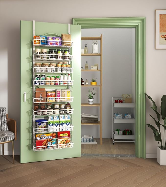 Mefirt Over The Door Pantry Organizer, Wall Mount Spice Rack 8-Tier White | Pantry Hanging Storage and Organization, Adjustable Baskets Heavy-Duty Metal for Home & Kitchen, Back of Door Seasoning Rack