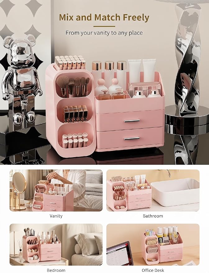 Booklov Large Makeup Organizer for Vanity Countertop, Pink | Plastic Cosmetic Display Case with Drawers, Beauty Brush Holder for Bathroom Counter, Skin Care Perfumes Storage