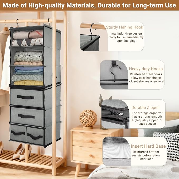 2-in-1 Durable 6-Tier Hanging Closet Organizer with 4 Removable Drawers,2 Separable 3-Tier Thickened Fabric Hanging Shelf Clothes Storage Organization Space-saving for Bedroom,Dorm,Guestroom,RV,Travel