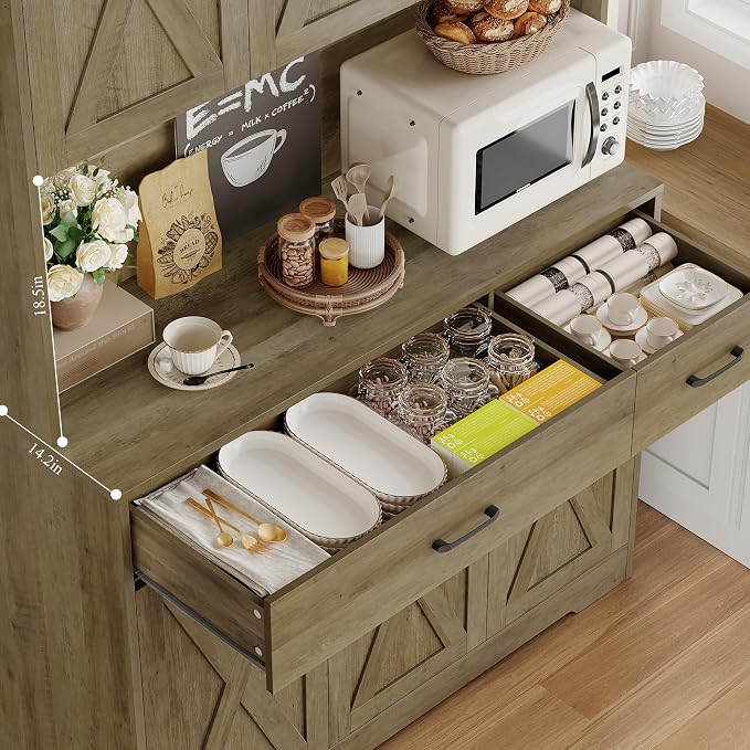 HOSTACK 71" H Kitchen Pantry Storage Cabinet,Farmhouse Hutch Cabinet, Brown | Space-Saving Pantry Cabinet with Charging Station & 2 Large Drawers & Adjustable Shelves, Tall Kitchen Hutch for Dining Room
