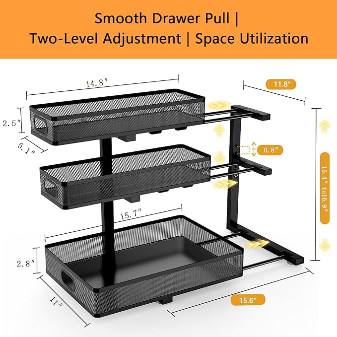 Under Sink Organizer, 3-tier Under Sink Storage Organizer Adjustable Height Easy Assembly Pull Out Cabinet Organizers Basket for Bathroom Kitchen Pantry Home Organization