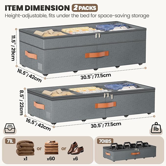Under Bed Storage with Wheels, 2Pack 71L Under the Bed Storage Containers | Adjustable Underbed Drawer with Lids, Underbed storage Rolling Bin for Shoes, Clothes, Blankets, Grey