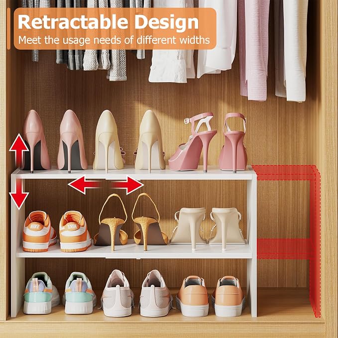 X-cosrack 2 Pack 2-Tier Shoe Rack Organizer for Closet, Expandable and Adjustable White Shoe Rack, Stackable Iron Wood Combination Shoe Storage Shelves for Closets, Entryway, Small Space, Garage