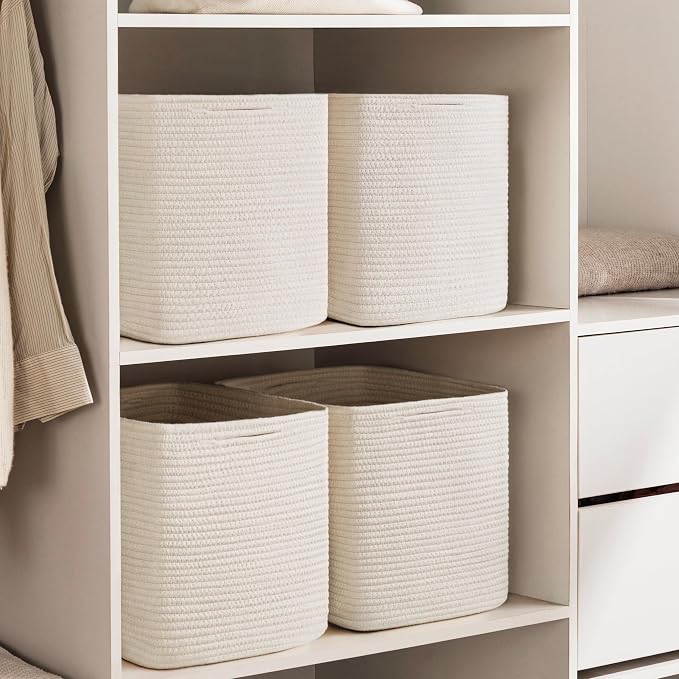 joybest 13inch Cube Storage Bins, Cotton Rope Woven Organizer Basket | Set of 4 Cube Bin Square Shelves Organizer Closet Storage, Nursery, Toy Organization, Beige